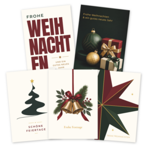 Geschäftliche Weihnachtskarten im 10er Set mit fünf festlichen Motiven in Rot, Grün und Gold
