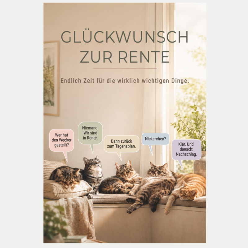 Lustige Ruhestandskarte für Frauen mit fünf Katzen und Spruch Endlich Zeit für die wirklich wichtigen Dinge