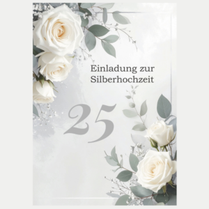 Silberhochzeit, Einladung Silberhochzeit, Einladung zur Silberhochzeit, Einladungskarte Silberhochzeit, Silberhochzeit Einladungskarte, 25. Hochzeitstag, Einladung 25. Hochzeitstag, 25 Jahre Ehe, 25 Jahre verheiratet, 25 Ehejahre, 25 Jahre gemeinsam, 25 Jahre Liebe, Silberne Hochzeit, Silberhochzeitsfeier, Einladung Silberhochzeitsfeier, Ehejubiläum, Hochzeitsjubiläum, Einladung Ehejubiläum, Jubiläumseinladung, Einladung Jubiläumsfeier, Einladungskarte 25 Jahre Ehe, Einladungskarte mit Rosen, Rosen Einladungskarte, weiße Rosen, florale Einladungskarte, elegante Einladung Silberhochzeit, romantische Einladungskarte, Einladung mit Innentext, vorgedruckte Einladungskarte, Einladung zum Ausfüllen, Klappkarte Silberhochzeit, Einladung Ehepaar, Einladung Familienfeier, Einladung 25 Jahre gemeinsam, Einladung zum 25-jährigen Ehejubiläum
