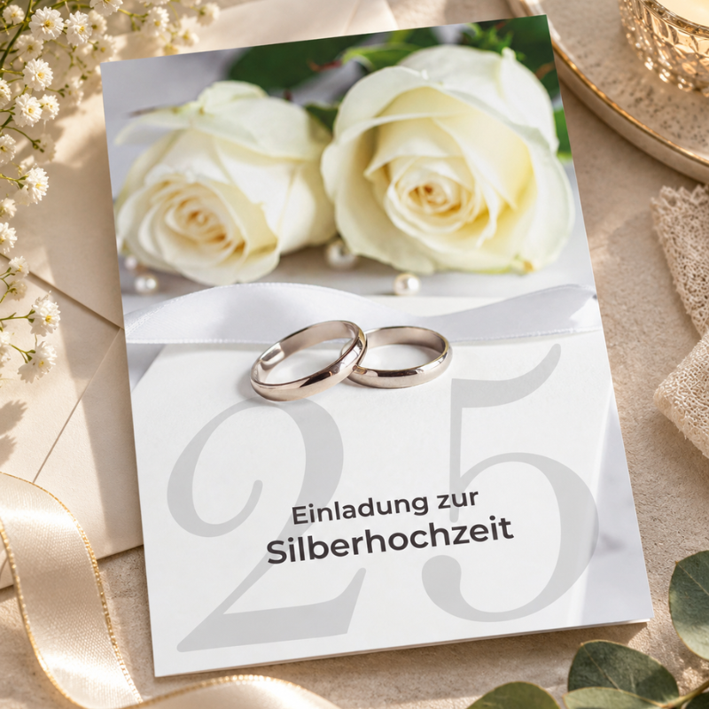 Einladung Silberhochzeit Ringe und Rosen