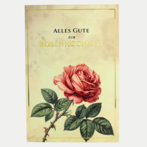 Glückwunschkarte zur Rosenhochzeit zum 10. Hochzeitstag mit großer roter Rose, cremefarbenem Hintergrund und goldfarbenem Rahmen
