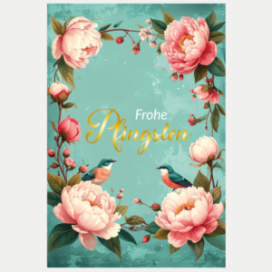 Pfingstkarte Frohe Pfingsten mit rosa Blumen und zwei Vögeln auf türkisfarbenem Hintergrund