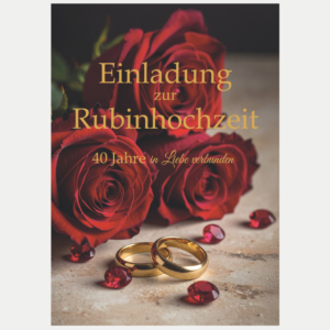 Einladungskarte Rubinhochzeit zum 40. Hochzeitstag mit roten Rosen, goldenen Eheringen und Innentext zum Ausfüllen