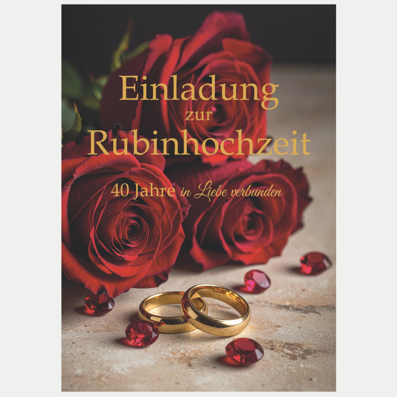 Einladungskarte Rubinhochzeit zum 40. Hochzeitstag mit roten Rosen, goldenen Eheringen und Innentext zum Ausfüllen
