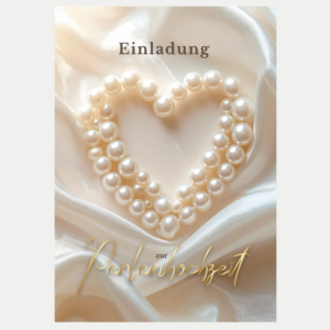 Einladungskarte Perlenhochzeit zum 30. Hochzeitstag mit schimmerndem Perlenherz auf cremefarbenem Satin
