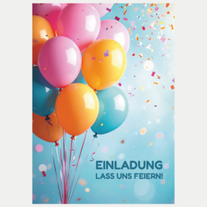 Einladungskarte Geburtstag mit Text – bunte Luftballons und Konfetti auf blauem Hintergrund