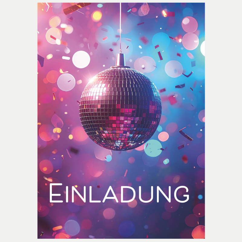 Einladungskarte 70er 80er Jahre mit Text – bunte Discokugel im Retro-Disco-Stil