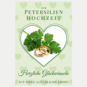 Glückwunschkarte zur Petersilienhochzeit zum 12,5. Hochzeitstag mit grüner Petersilie, goldenen Eheringen und Herzmotiv