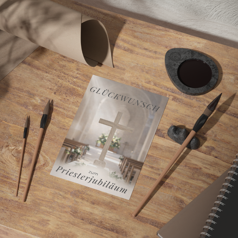 Glückwunschkarte zum Priesterjubiläum mit Holzkreuz in einer Kirche und feierlichem Schriftzug