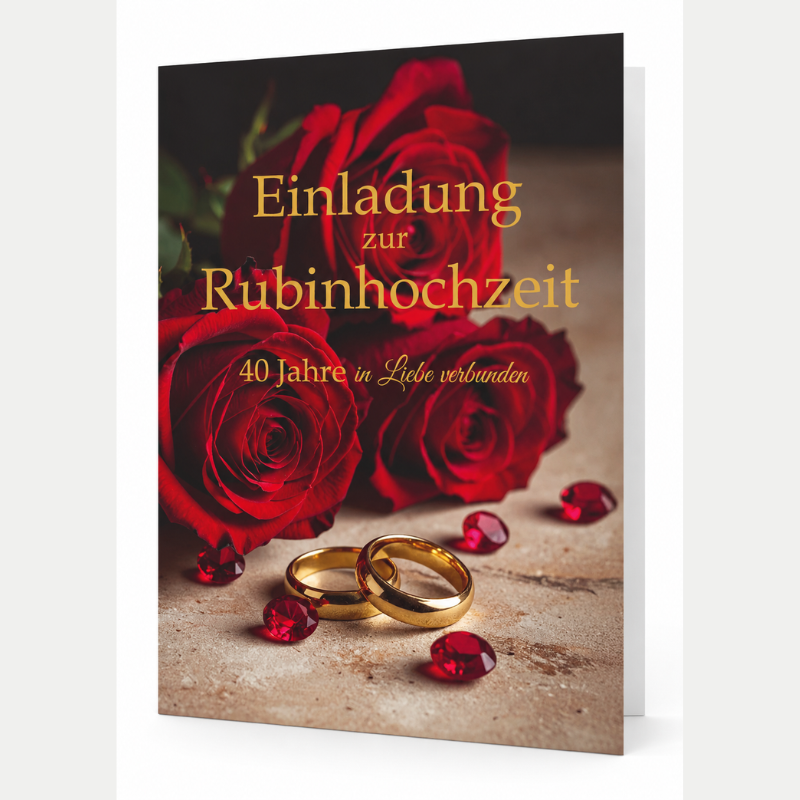 Einladungskarte Rubinhochzeit zum 40. Hochzeitstag mit roten Rosen, goldenen Eheringen und Innentext zum Ausfüllen
