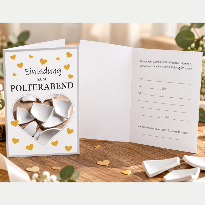 EEinladungskarte Polterabend mit goldenen Herzen und Scherbenmotiv auf weißem Hintergrund