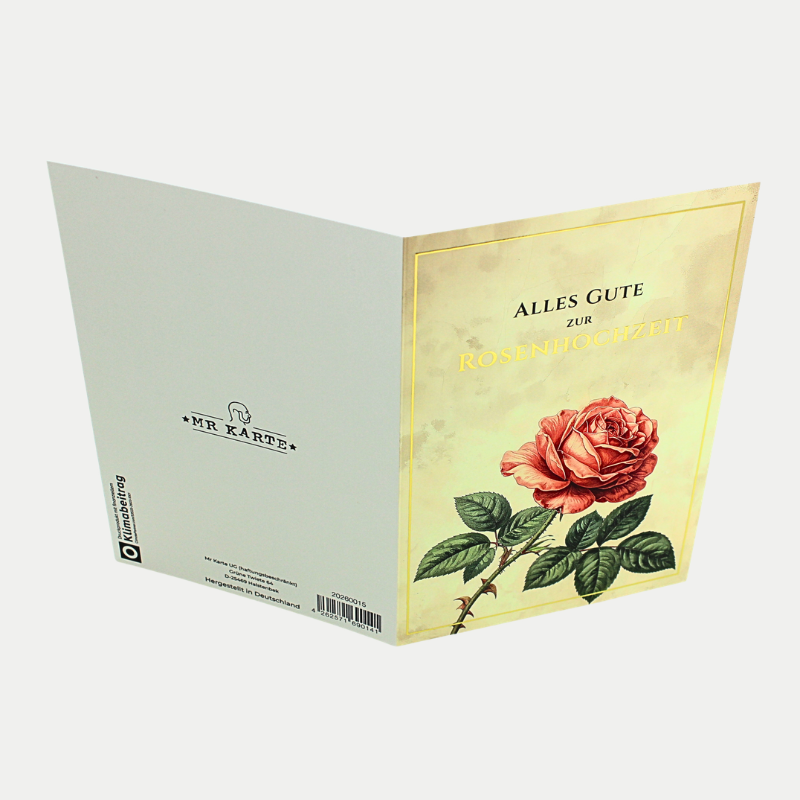 Glückwunschkarte zur Rosenhochzeit zum 10. Hochzeitstag mit großer roter Rose, cremefarbenem Hintergrund und goldfarbenem Rahmen