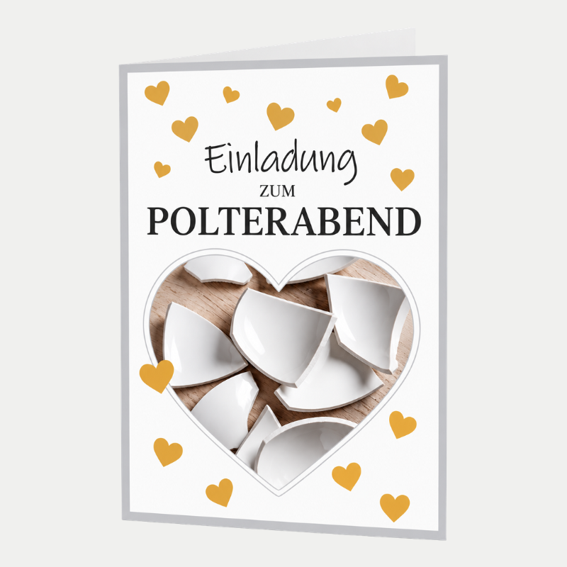 Einladungskarte Polterabend mit goldenen Herzen und Scherbenmotiv auf weißem Hintergrund