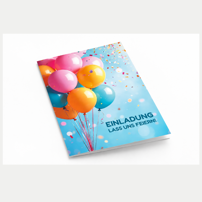 Einladungskarte Geburtstag mit Text – bunte Luftballons und Konfetti auf blauem Hintergrund