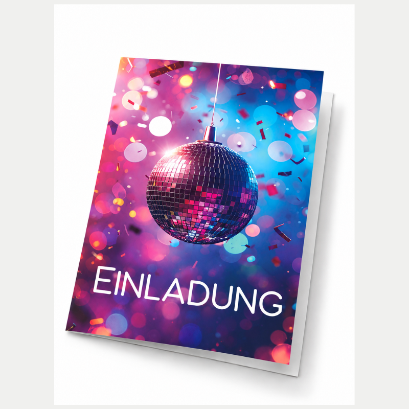 Einladungskarte 70er 80er Jahre mit Text – bunte Discokugel im Retro-Disco-Stil