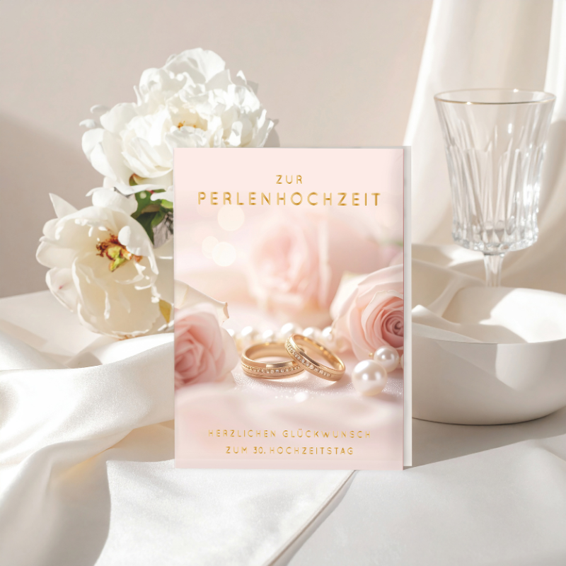 Glückwunschkarte Perlenhochzeit 30 Jahre mit Rosen, Perlen und goldenen Eheringen