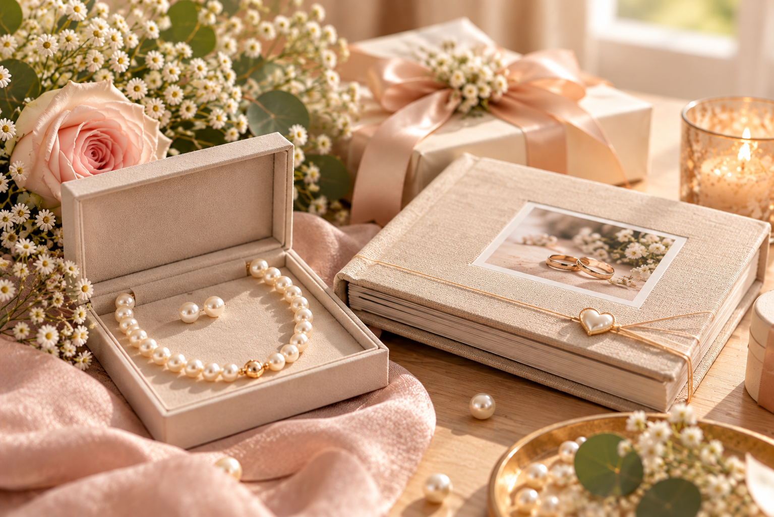 Geschenkideen zur Perlenhochzeit mit einer Perlenkette in einer Schmuckschatulle, einem Erinnerungsalbum, Rosen und einem liebevoll verpackten Geschenk zum 30. Hochzeitstag.