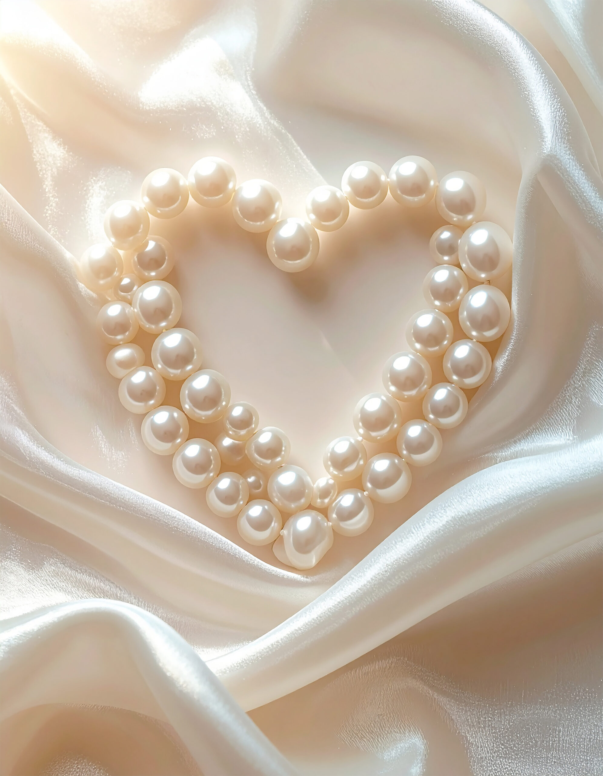 Perlenhochzeit zum 30. Hochzeitstag – Herz aus weißen Perlen auf elegantem, cremefarbenem Seidenstoff