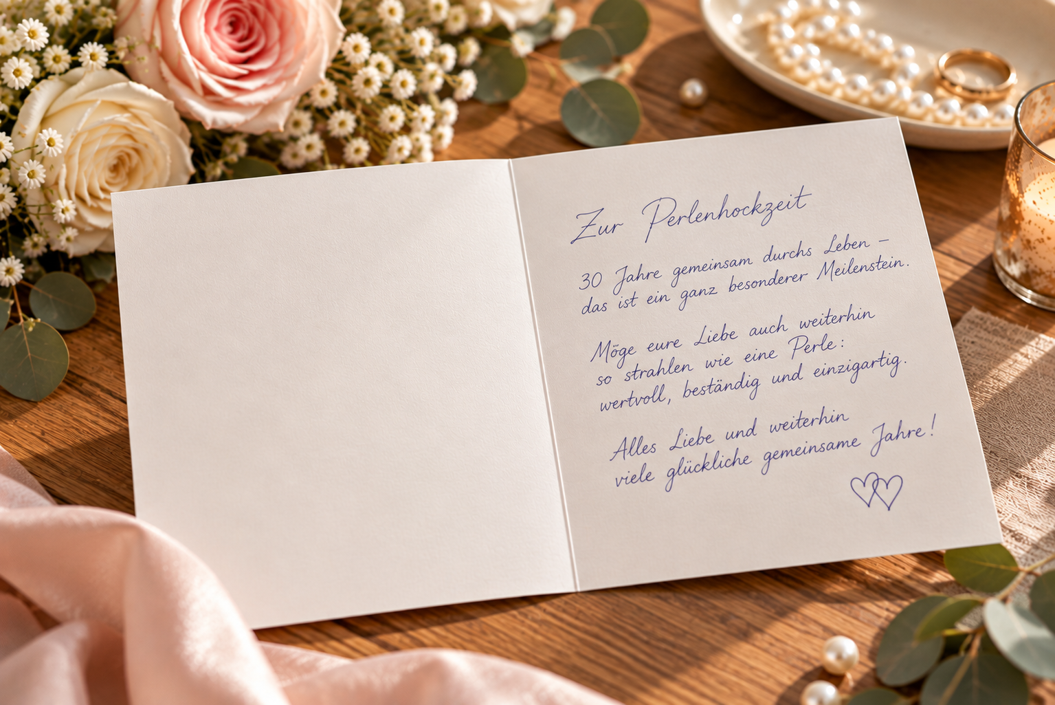 Geöffnete Glückwunschkarte zur Perlenhochzeit mit handschriftlichen Glückwünschen zum 30. Hochzeitstag, dekoriert mit Rosen, Perlen und goldenen Eheringen.